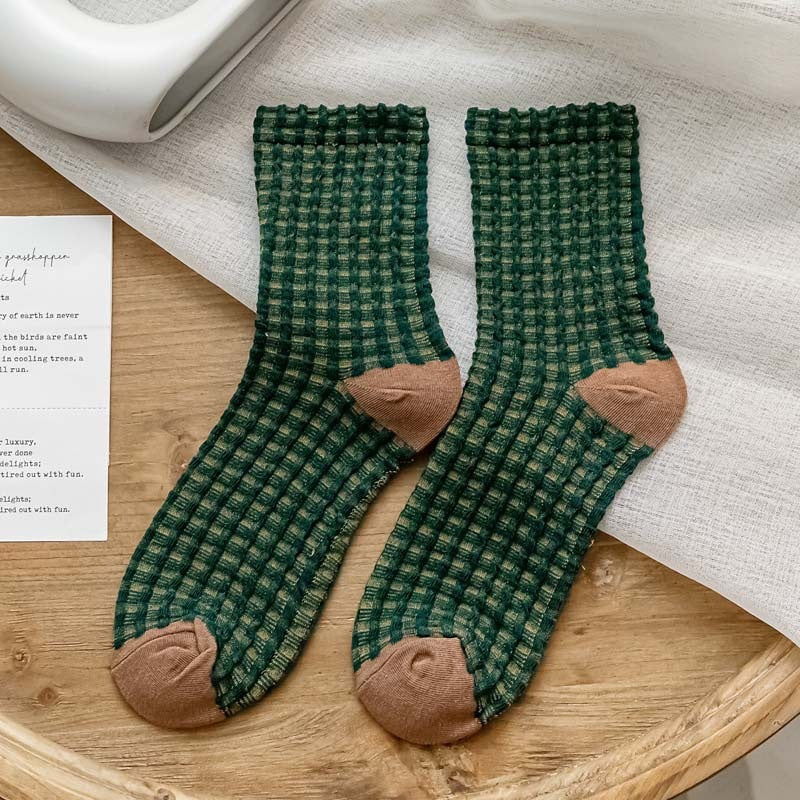 Checkerboard Color-blocked Mid-calf Cotton Sweat-absorbing Long Socks