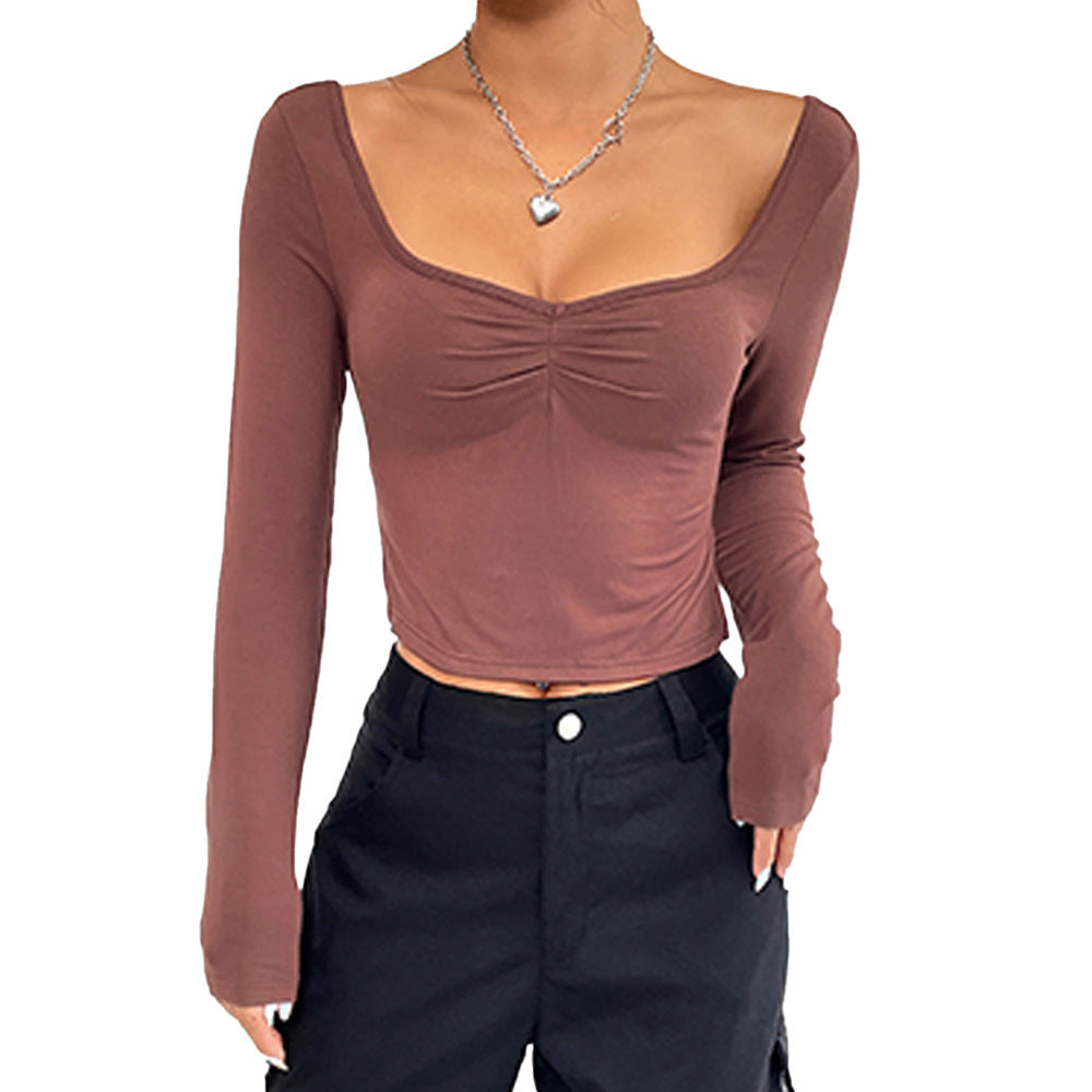 Fashionable Women's Slim-fit Sexy Split Hem V-neck Long Sleeve T-shirt
