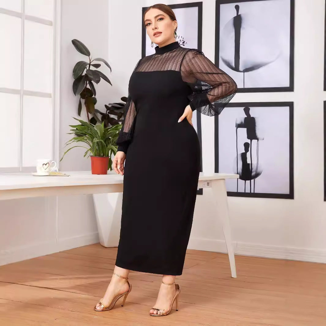 Commuting Mesh Spliced Semi-high Neck See-through Bodycon Long Dress