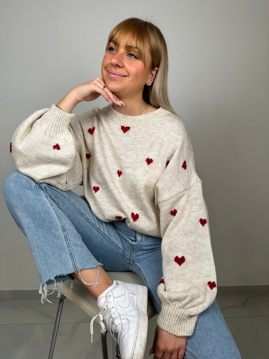 Knitted Heart Round Neck Casual Sweater