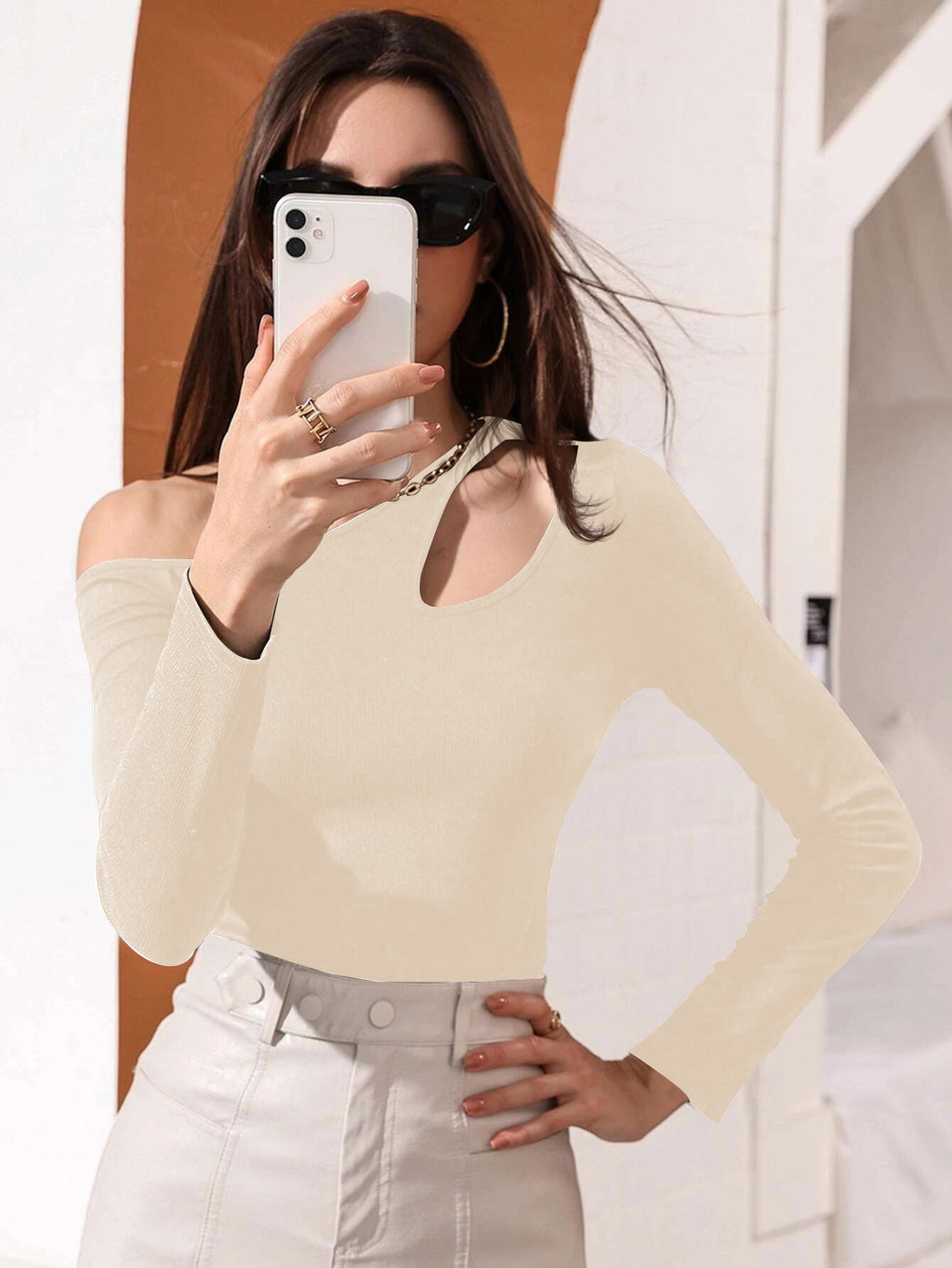 Sexy Hollow-out Waist-casual Long Sleeve Women's T-shirt