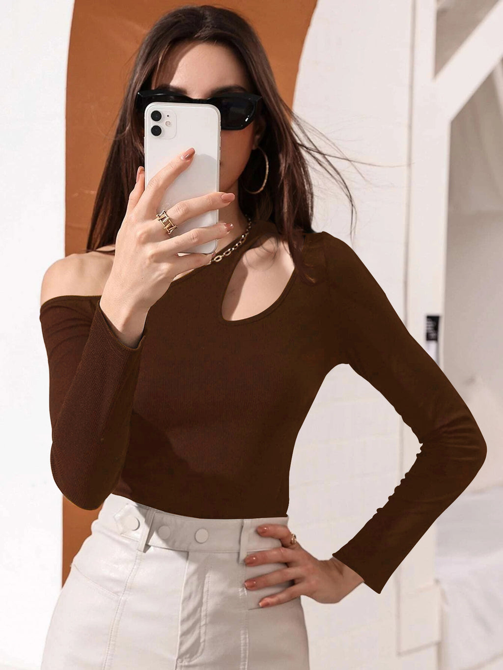 Sexy Hollow-out Waist-casual Long Sleeve Women's T-shirt