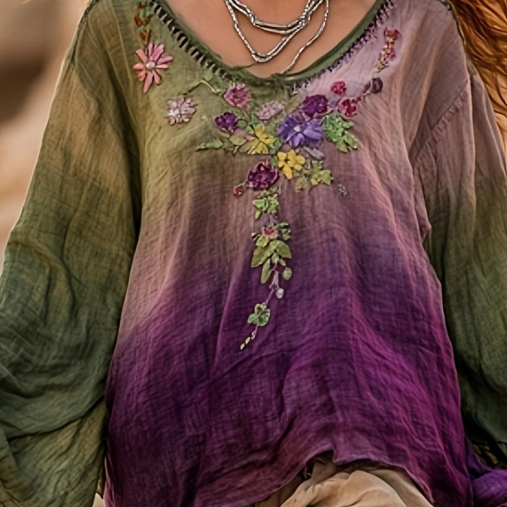 Women's 3D Digital Print Round Neck Retro Bohemian Top