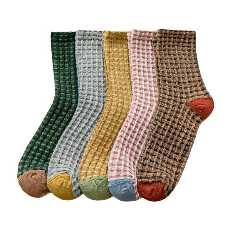 Checkerboard Color-blocked Mid-calf Cotton Sweat-absorbing Long Socks