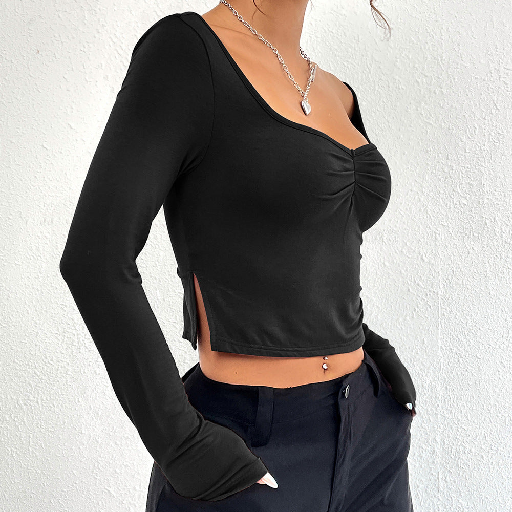 Fashionable Women's Slim-fit Sexy Split Hem V-neck Long Sleeve T-shirt